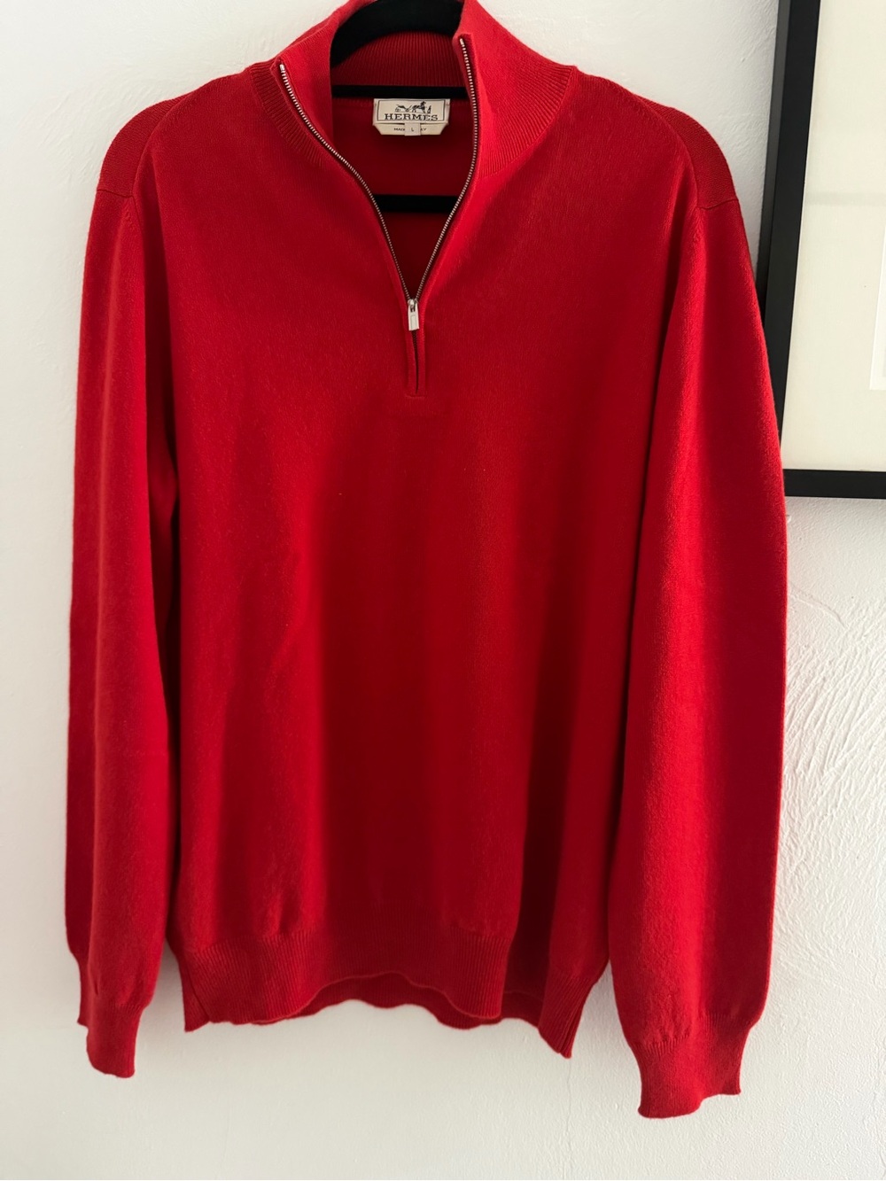 Hermès Men’s 100% Cashmere Red Quarter Zip Sweater Size L Made in Italy